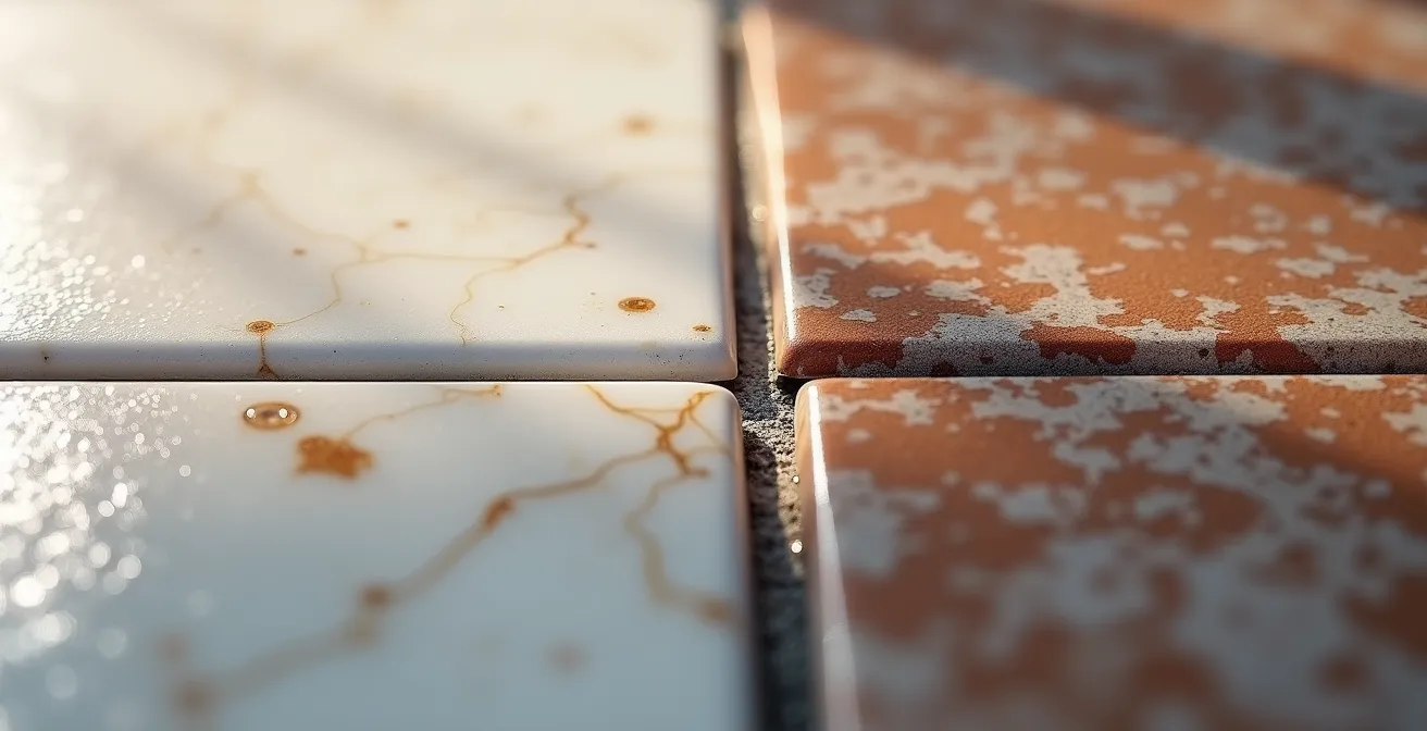 Comparaison visuelle de matériaux de rénovation montrant l'évolution dans le temps