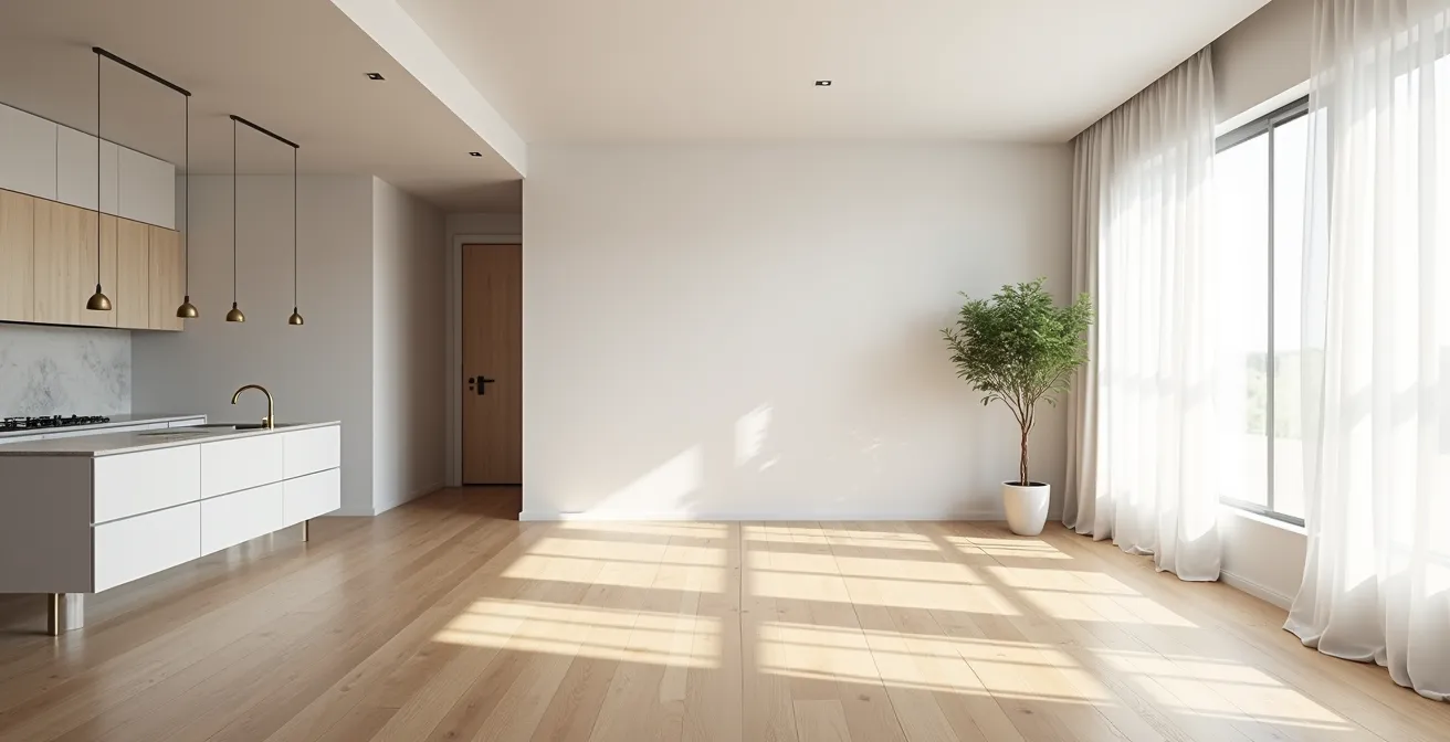 Intérieur épuré montrant l'harmonie entre cuisine et salle de bain rénovées