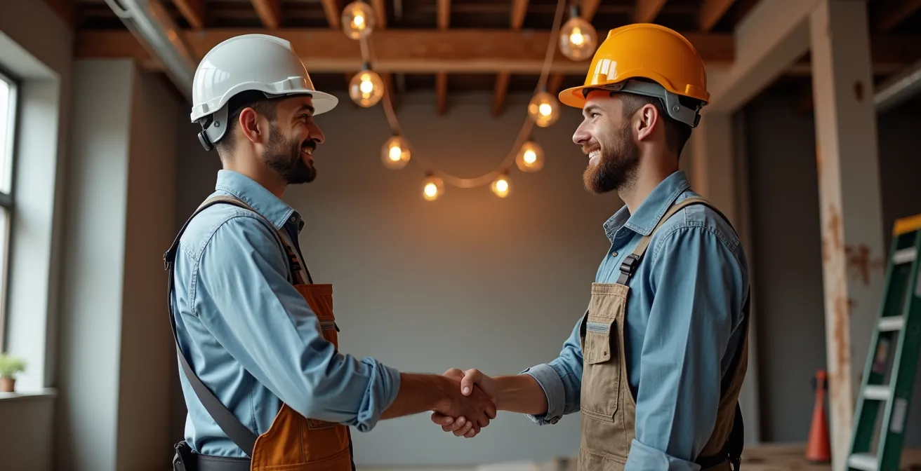 Poignée de main professionnelle entre architecte et artisan sur chantier de rénovation