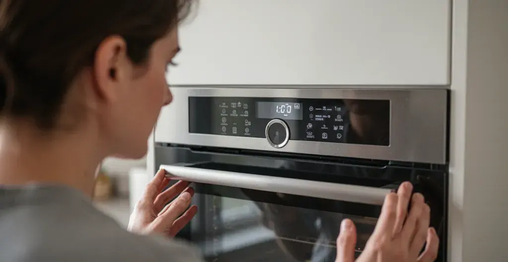 Personne consultant le panneau de commandes d'un four encastrable moderne