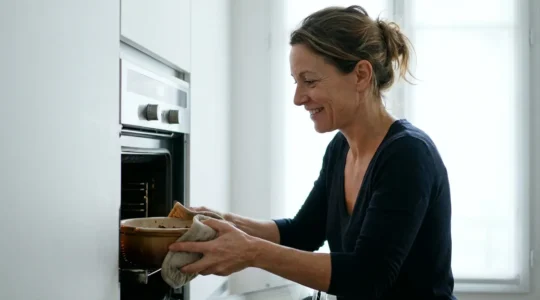 Femme sortant un plat du four encastrable dans une cuisine moderne lumineuse